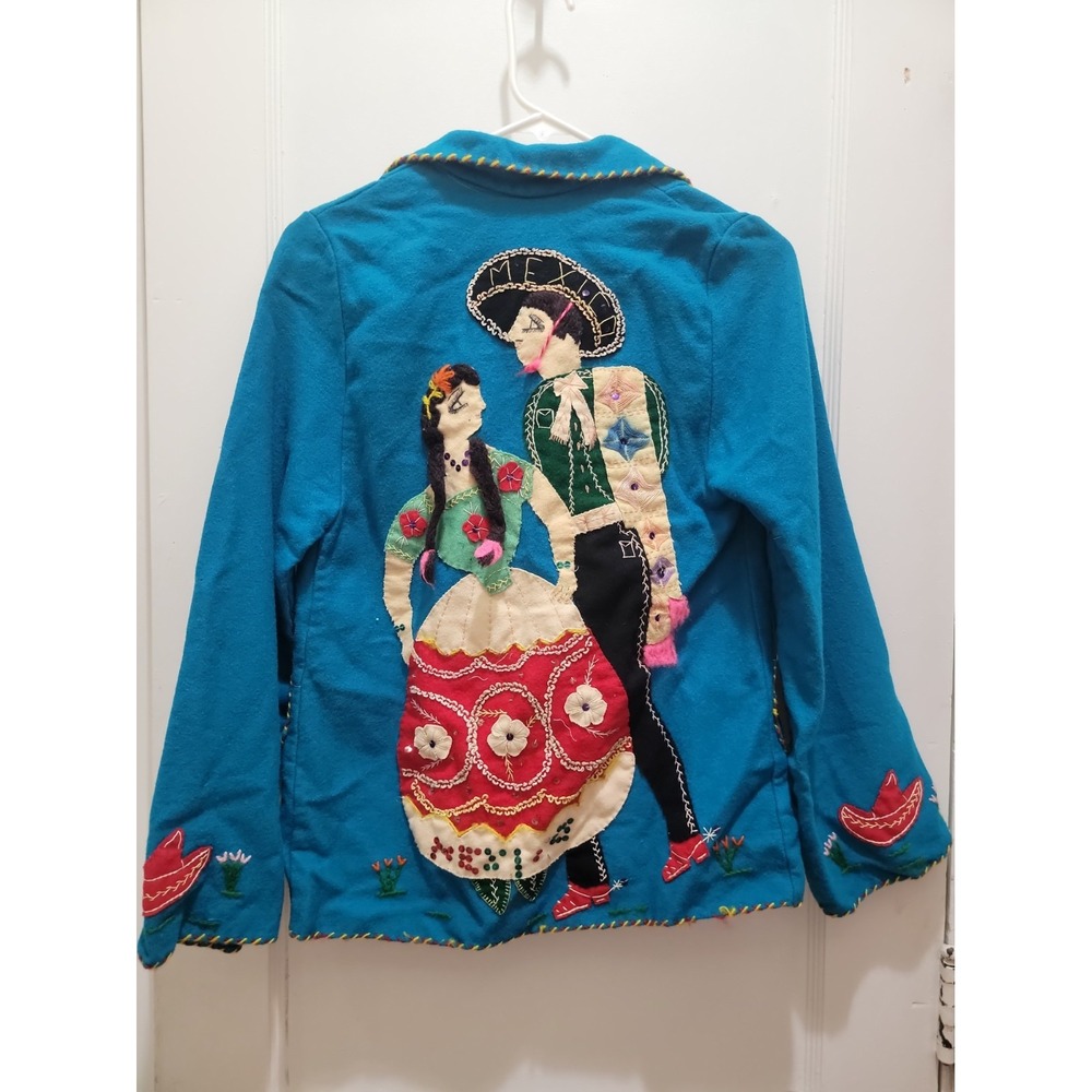 Vintage 40s 50s Mexican Souvenir Jacket Wool Sweater Novelty Embroidered Teal XS